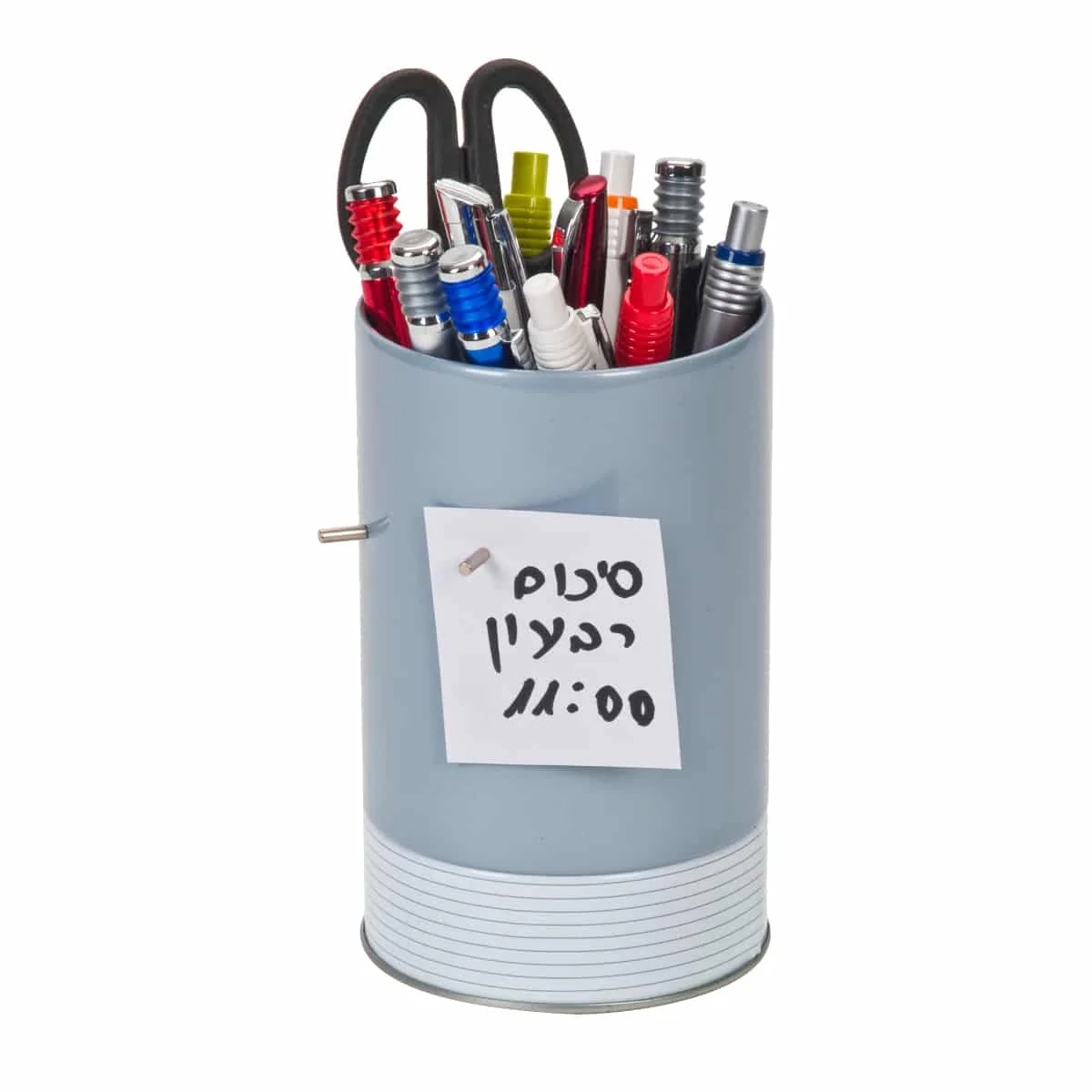 מעמד שולחני ממתכת עם מגנטים ואחסון – פתרון ממותג ומעוצב למשרד.